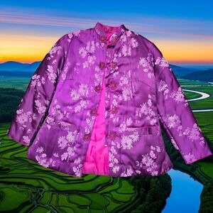 Asian Floral Brocade Jacket Women Large Purple‎ Pink Frog Buttons Satin Lined